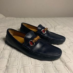 Gucci Men Blue Leather Bamboo Loafets